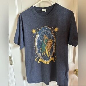 Leo Zodiac Graphic Tee - Navy with Gold and Green Print